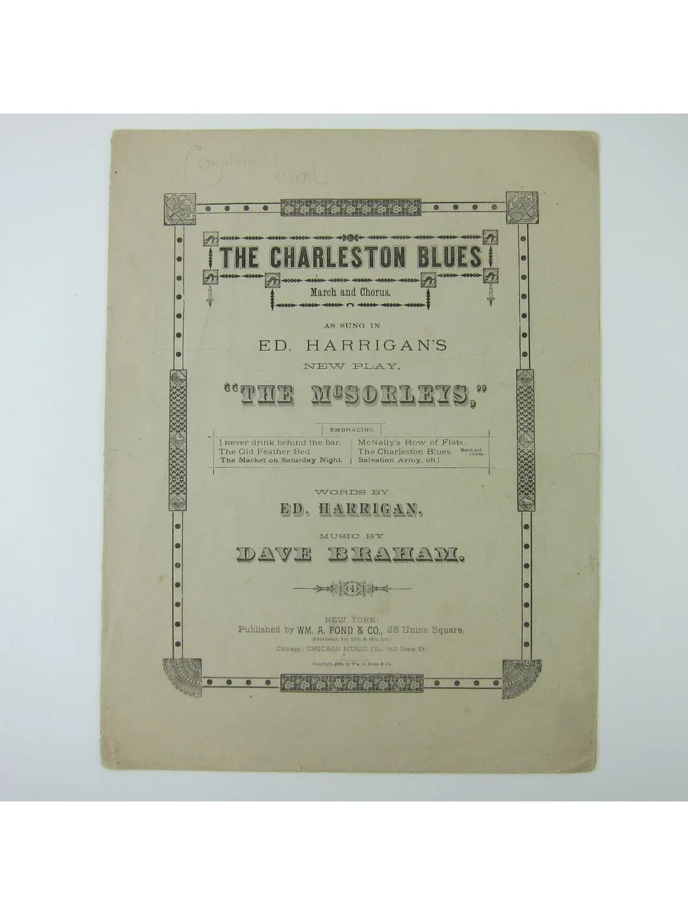 Sheet Music The Charleston Blues Ed Harrigan The McSorleys Braham Antique 1882
